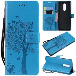 Embossing Butterfly Tree Leather Wallet Case for Sony Xperia 1 / Xperia XZ4 - Blue