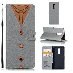 Mens Button Clothing Style Leather Wallet Phone Case for Sony Xperia 1 / Xperia XZ4 - Gray
