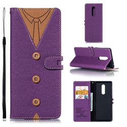 Mens Button Clothing Style Leather Wallet Phone Case for Sony Xperia 1 / Xperia XZ4 - Purple