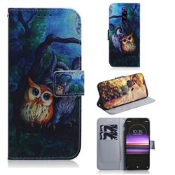 Oil Painting Owl PU Leather Wallet Case for Sony Xperia 1 / Xperia XZ4