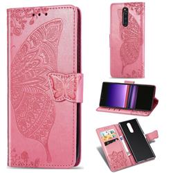Embossing Mandala Flower Butterfly Leather Wallet Case for Sony Xperia 1 / Xperia XZ4 - Pink