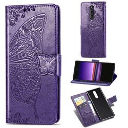 Embossing Mandala Flower Butterfly Leather Wallet Case for Sony Xperia 1 / Xperia XZ4 - Dark Purple