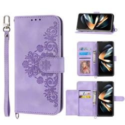 Skin Feel Embossed Lace Flower Multiple Card Slots Leather Wallet Phone Case for Samsung Galaxy Z Fold3 5G - Purple