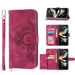 Skin Feel Embossed Lace Flower Multiple Card Slots Leather Wallet Phone Case for Samsung Galaxy Z Fold3 5G - Claret Red