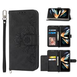 Skin Feel Embossed Lace Flower Multiple Card Slots Leather Wallet Phone Case for Samsung Galaxy Z Fold3 5G - Black