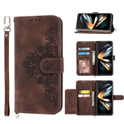 Skin Feel Embossed Lace Flower Multiple Card Slots Leather Wallet Phone Case for Samsung Galaxy Z Fold4 - Brown