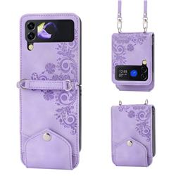 Skin Feel Embossed Lace Flower Multiple Card Slots Leather Wallet Phone Case for Samsung Galaxy Z Flip3 5G - Purple