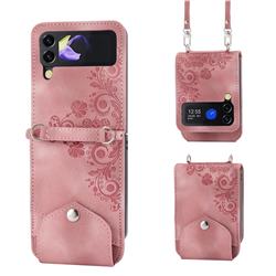 Skin Feel Embossed Lace Flower Multiple Card Slots Leather Wallet Phone Case for Samsung Galaxy Z Flip3 5G - Pink