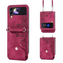 Skin Feel Embossed Lace Flower Multiple Card Slots Leather Wallet Phone Case for Samsung Galaxy Z Flip3 5G - Claret Red