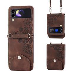 Skin Feel Embossed Lace Flower Multiple Card Slots Leather Wallet Phone Case for Samsung Galaxy Z Flip3 5G - Brown