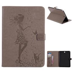 Embossing Flower Girl Cat Leather Flip Cover for Samsung Galaxy Tab A 9.7 T550 T555 - Gray