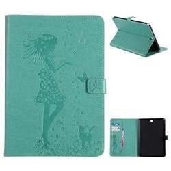 Embossing Flower Girl Cat Leather Flip Cover for Samsung Galaxy Tab A 9.7 T550 T555 - Green