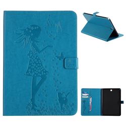 Embossing Flower Girl Cat Leather Flip Cover for Samsung Galaxy Tab A 9.7 T550 T555 - Blue