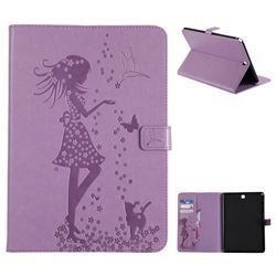 Embossing Flower Girl Cat Leather Flip Cover for Samsung Galaxy Tab A 9.7 T550 T555 - Purple
