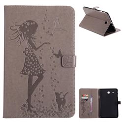 Embossing Flower Girl Cat Leather Flip Cover for Samsung Galaxy Tab E 9.6 T560 T561 - Gray