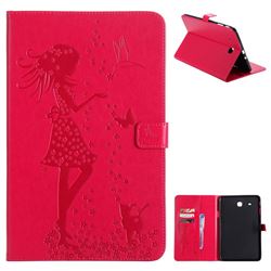 Embossing Flower Girl Cat Leather Flip Cover for Samsung Galaxy Tab E 9.6 T560 T561 - Red