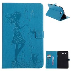 Embossing Flower Girl Cat Leather Flip Cover for Samsung Galaxy Tab E 9.6 T560 T561 - Blue
