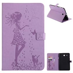 Embossing Flower Girl Cat Leather Flip Cover for Samsung Galaxy Tab E 9.6 T560 T561 - Purple