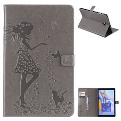 Embossing Flower Girl Cat Leather Flip Cover for Samsung Galaxy Tab A 10.5 T590 T595 - Gray