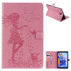 Embossing Flower Girl Cat Leather Flip Cover for Samsung Galaxy Tab A 10.5 T590 T595 - Pink