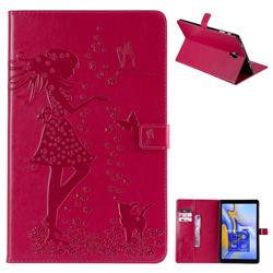 Embossing Flower Girl Cat Leather Flip Cover for Samsung Galaxy Tab A 10.5 T590 T595 - Red