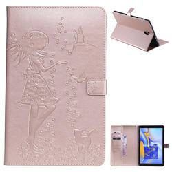 Embossing Flower Girl Cat Leather Flip Cover for Samsung Galaxy Tab A 10.5 T590 T595 - Rose Gold