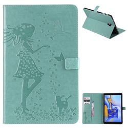 Embossing Flower Girl Cat Leather Flip Cover for Samsung Galaxy Tab A 10.5 T590 T595 - Green