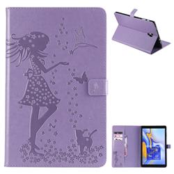 Embossing Flower Girl Cat Leather Flip Cover for Samsung Galaxy Tab A 10.5 T590 T595 - Purple