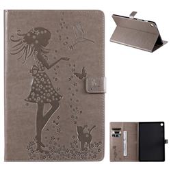 Embossing Flower Girl Cat Leather Flip Cover for Samsung Galaxy Tab S5e 10.5 T720 T725 - Gray