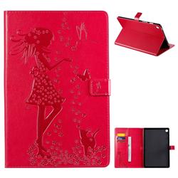 Embossing Flower Girl Cat Leather Flip Cover for Samsung Galaxy Tab S5e 10.5 T720 T725 - Red