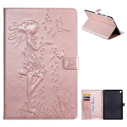 Embossing Flower Girl Cat Leather Flip Cover for Samsung Galaxy Tab S5e 10.5 T720 T725 - Rose Gold