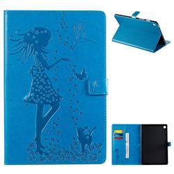 Embossing Flower Girl Cat Leather Flip Cover for Samsung Galaxy Tab S5e 10.5 T720 T725 - Blue