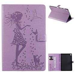 Embossing Flower Girl Cat Leather Flip Cover for Samsung Galaxy Tab S5e 10.5 T720 T725 - Purple