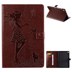 Embossing Flower Girl Cat Leather Flip Cover for Samsung Galaxy Tab S5e 10.5 T720 T725 - Brown
