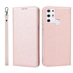 Ultra Slim Magnetic Automatic Suction Silk Lanyard Leather Flip Cover for Tone E21 - Rose Gold