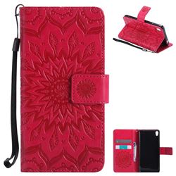 Embossing Sunflower Leather Wallet Case for Sony Xperia E5 - Red
