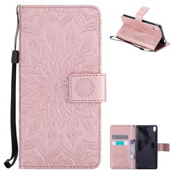 Embossing Sunflower Leather Wallet Case for Sony Xperia E5 - Rose Gold
