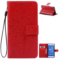 Embossing Butterfly Tree Leather Wallet Case for Sony Xperia Z4 Z3+ E6553 E6533 - Red