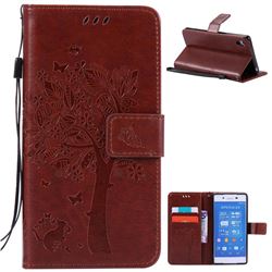 Embossing Butterfly Tree Leather Wallet Case for Sony Xperia Z4 Z3+ E6553 E6533 - Brown