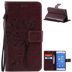Embossing Butterfly Tree Leather Wallet Case for Sony Xperia Z4 Z3+ E6553 E6533 - Coffee