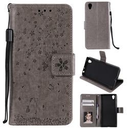 Embossing Cherry Blossom Cat Leather Wallet Case for Sony Xperia Z5 / Z5 Dual - Gray