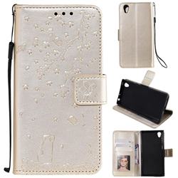 Embossing Cherry Blossom Cat Leather Wallet Case for Sony Xperia Z5 / Z5 Dual - Golden