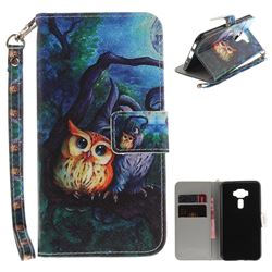 Oil Painting Owl Hand Strap Leather Wallet Case for Asus Zenfone 3 ZE520KL