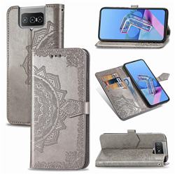 Embossing Imprint Mandala Flower Leather Wallet Case for Asus Zenfone 7 ZS670KS / 7 Pro ZS671KS - Gray