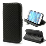 Carbon Fiber Leather Case for Samsung Galaxy S4 i9500 i9505 with Built-in Wallet and Stand - Black