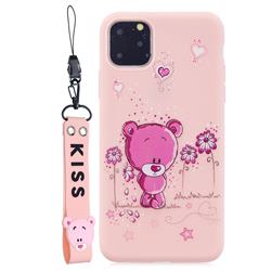 Pink Flower Bear Soft Kiss Candy Hand Strap Silicone Case for iPhone 11 (6.1 inch)