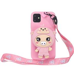 Pink Pig Neck Lanyard Zipper Wallet Silicone Case for iPhone 11 (6.1 inch)