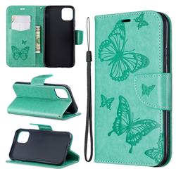 Embossing Double Butterfly Leather Wallet Case for iPhone 11 - Green