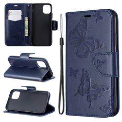 Embossing Double Butterfly Leather Wallet Case for iPhone 11 - Dark Blue