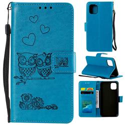 Embossing Owl Couple Flower Leather Wallet Case for iPhone 11 (6.1 inch) - Blue